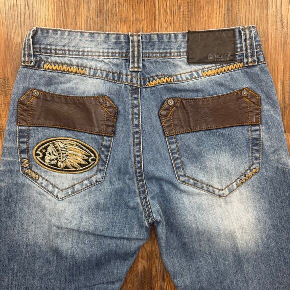 CJ Black Premium Indian Skull Jeans 28/30 Relaxed Straight distress leather trim - Picture 4 of 10